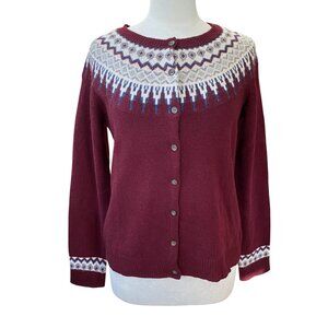 Telluride Lambswool Fairy Isle Button Cardigan Sz L Burgundy Nordic Countryside